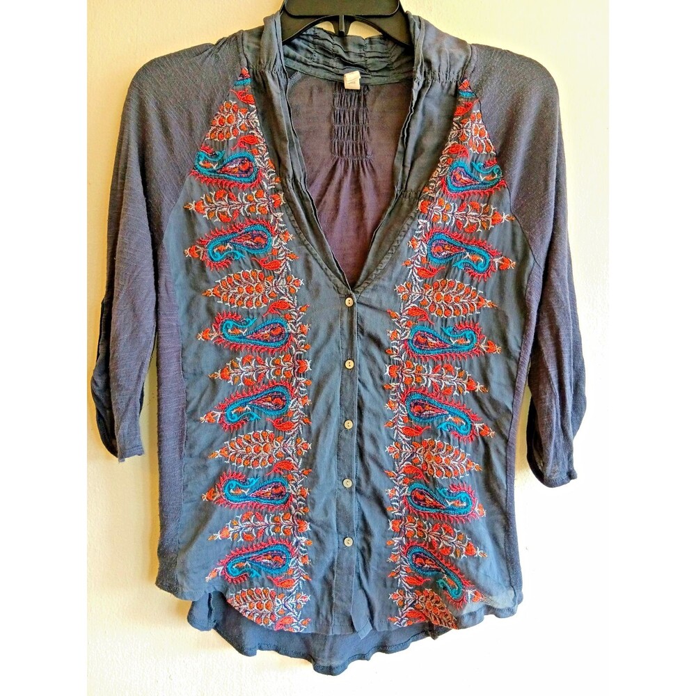 Anthropologie TINY Blue Paisley Embroidered Peasant Blouse Size XS